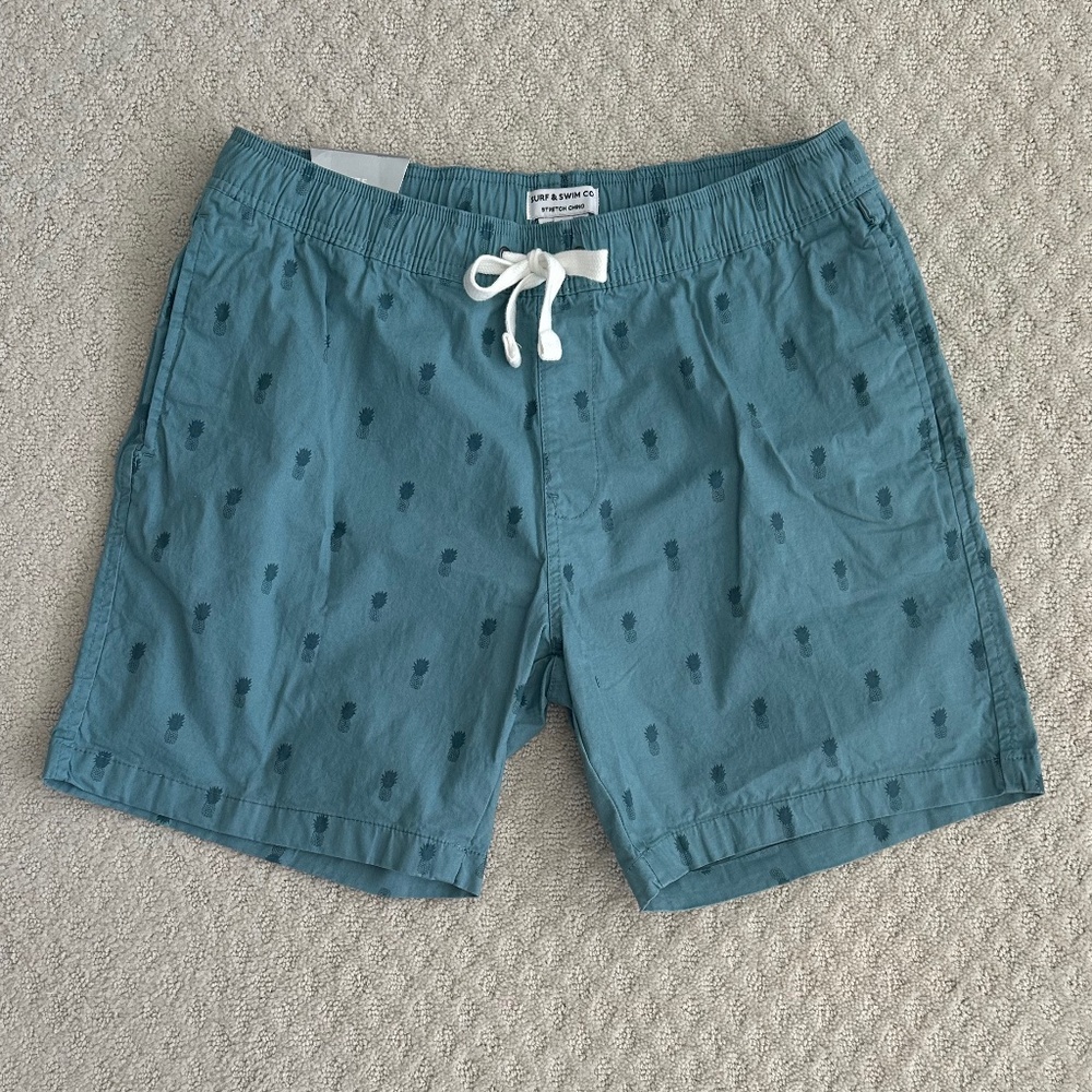 Surf & Swim Co. Stretch Chino Pineapple Print Pull-On Shorts Teal L Casual NWT